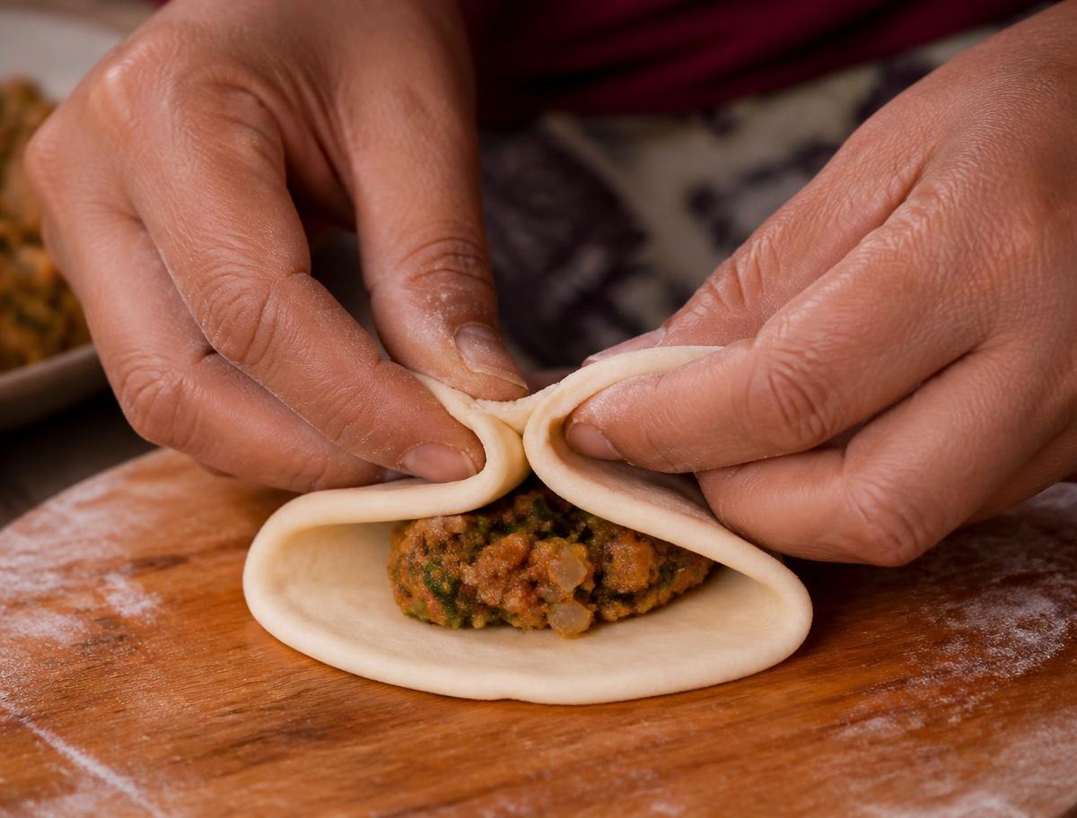 Hands folding a filled dough disc on a wooden board