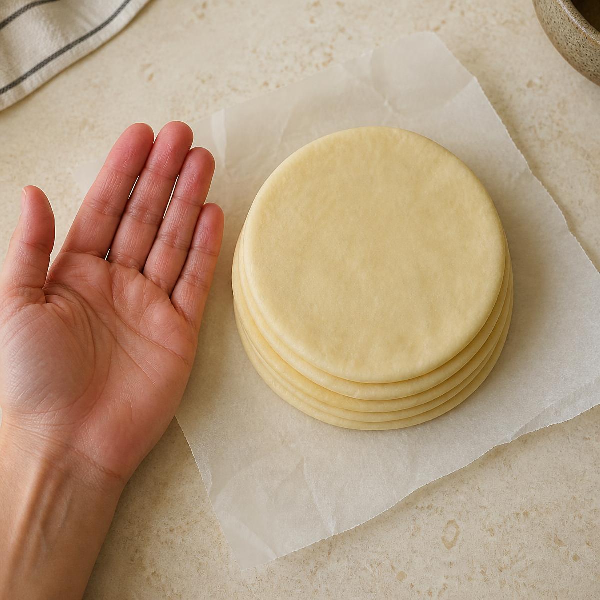 Stack of EmpanaDough dough discs on parchment paper
